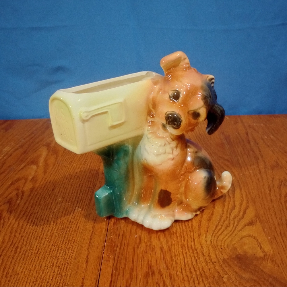 Vintage 1950s Royal Copley Ceramic Puppy U.S. Mail Box Planter